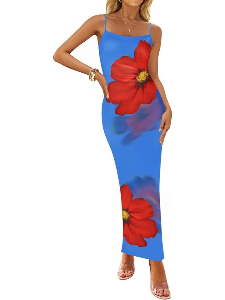 Women’s Royal Blue Floral Bodycon Maxi Square Neck Boho Beach Summer Long Dress